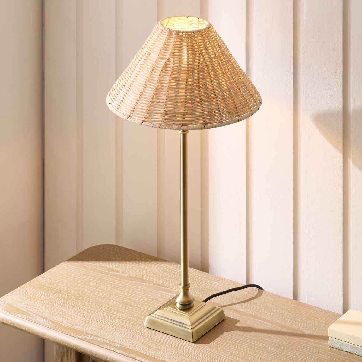 Jericho Table Lamp in Antique Brass with Natural Rattan Shade