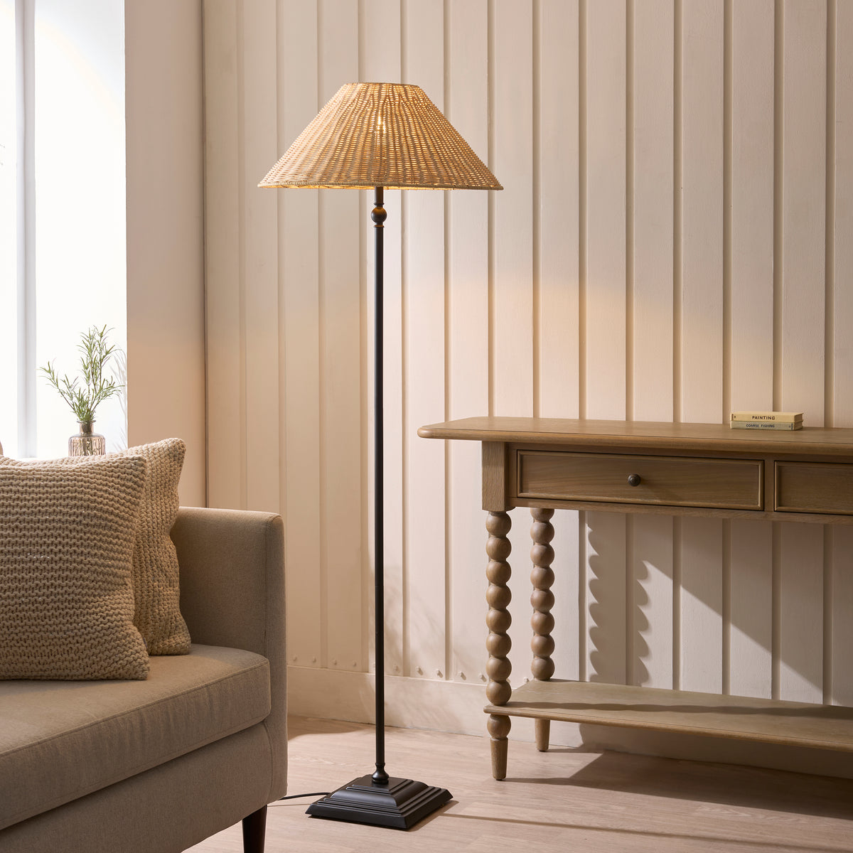 Jericho Floor Lamp in Matt Black with Natural Rattan Shade