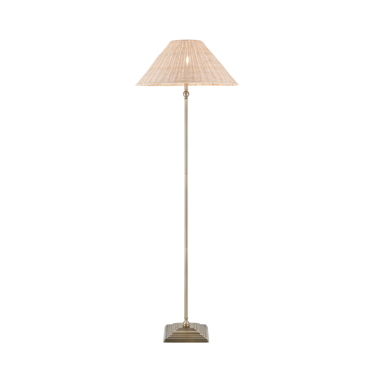 Jericho Floor Lamp in Antique Brass with Natural Rattan Shade