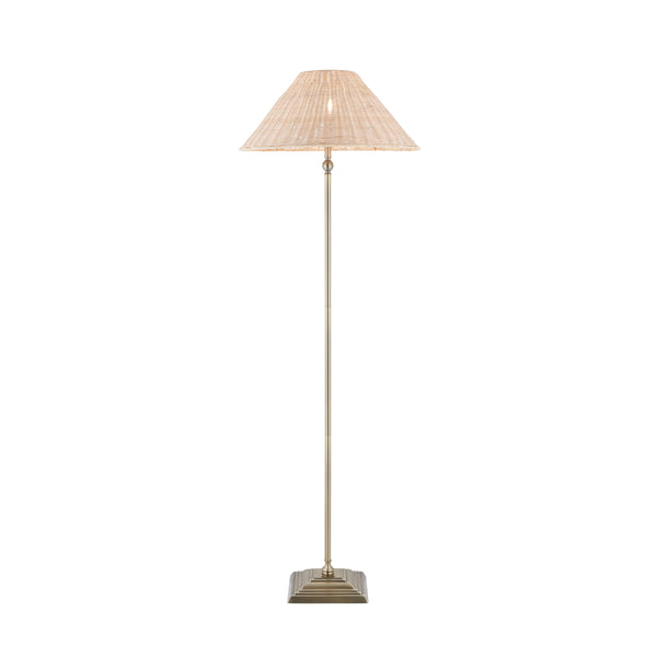 Jericho Floor Lamp in Antique Brass with Natural Rattan Shade