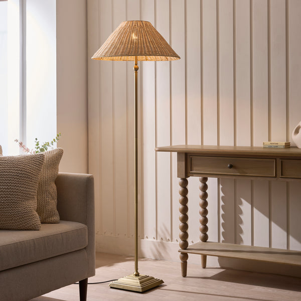 Jericho Floor Lamp in Antique Brass with Natural Rattan Shade