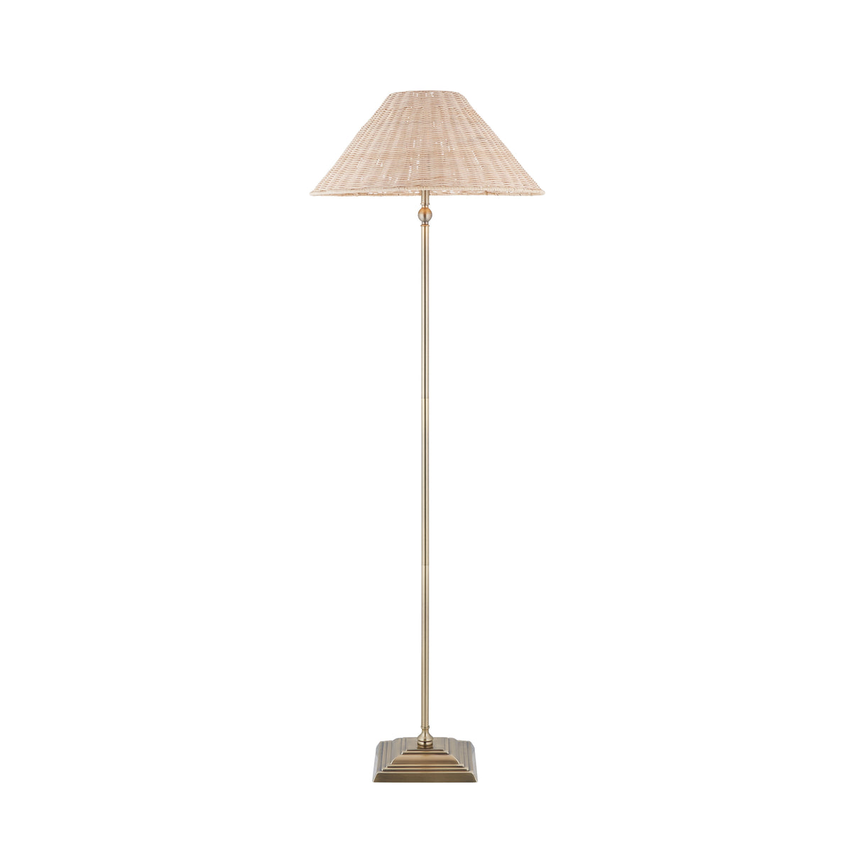 Jericho Floor Lamp in Antique Brass with Natural Rattan Shade