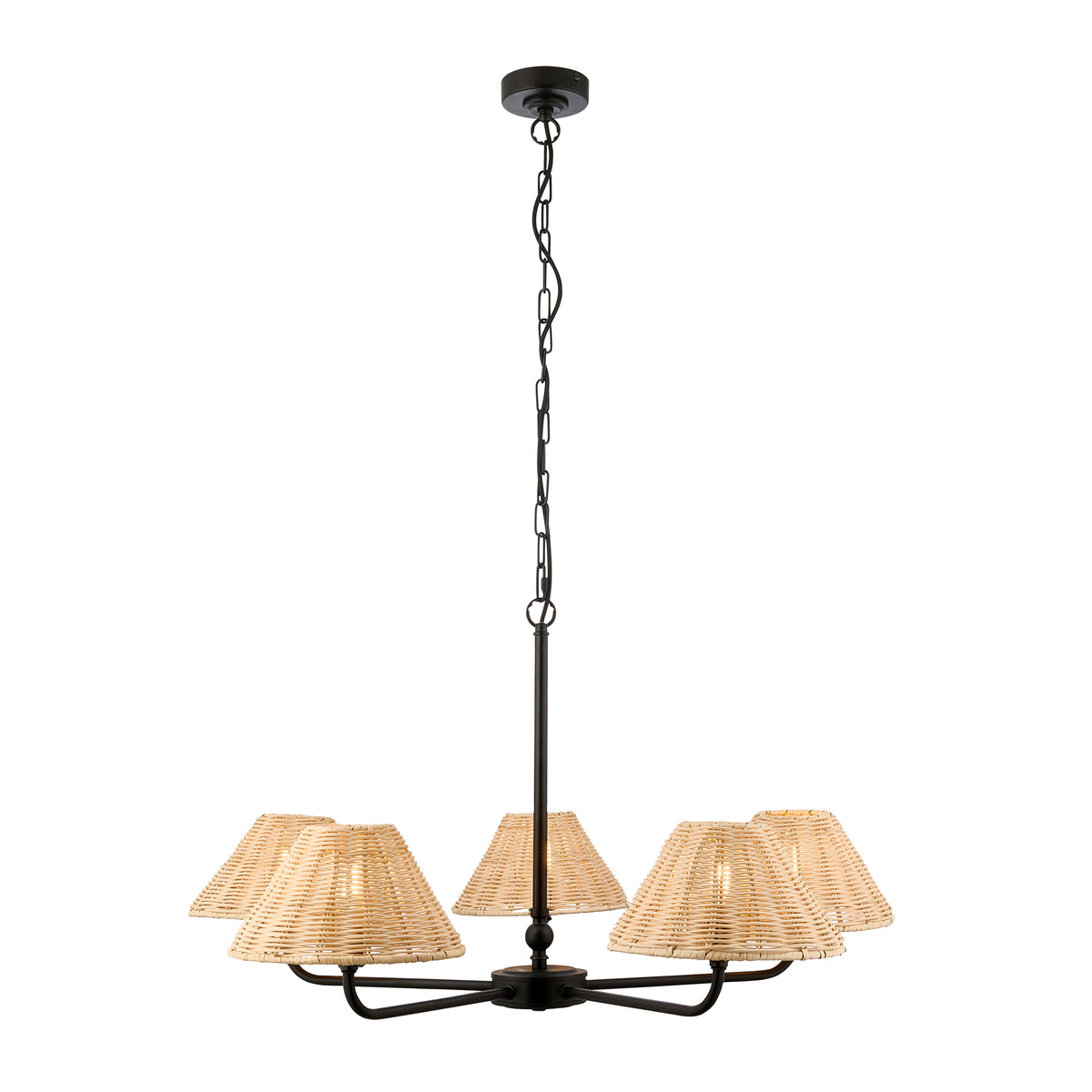 Jericho Five Light Pendant Chandelier in Matt Black with Natural Rattan Shades