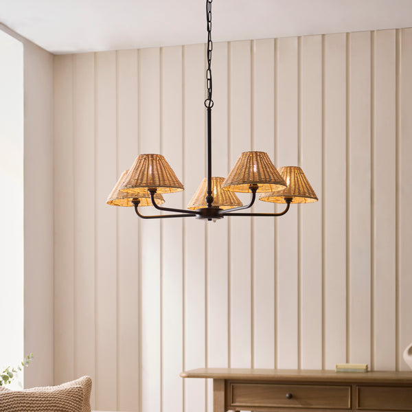 Jericho Five Light Pendant Chandelier in Matt Black with Natural Rattan Shades