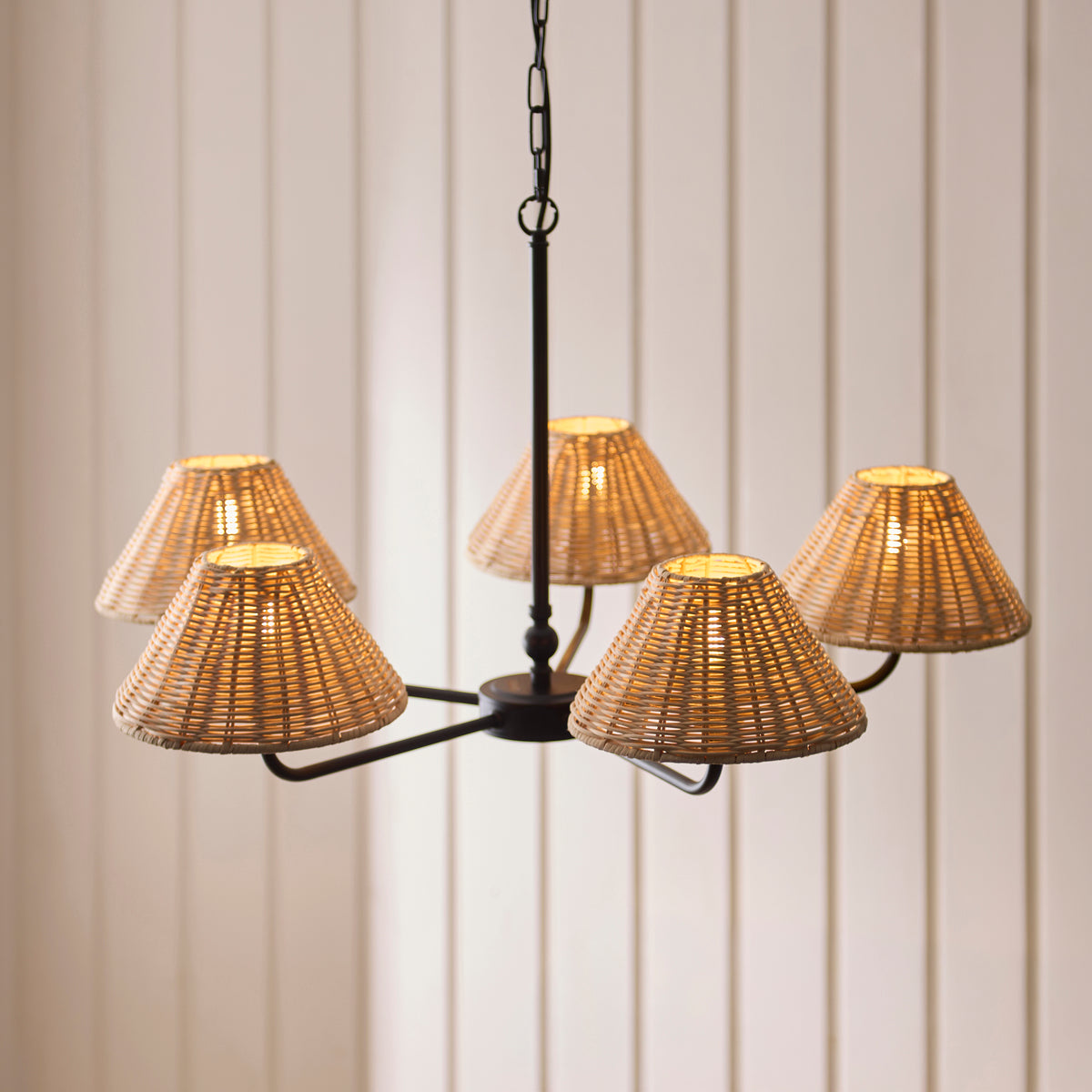 Jericho Five Light Pendant Chandelier in Matt Black with Natural Rattan Shades