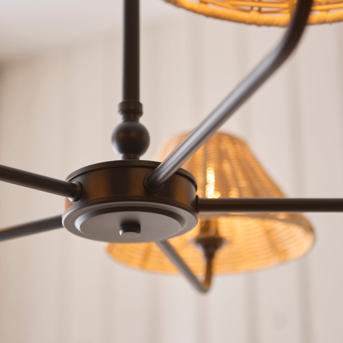 Jericho Five Light Pendant Chandelier in Matt Black with Natural Rattan Shades