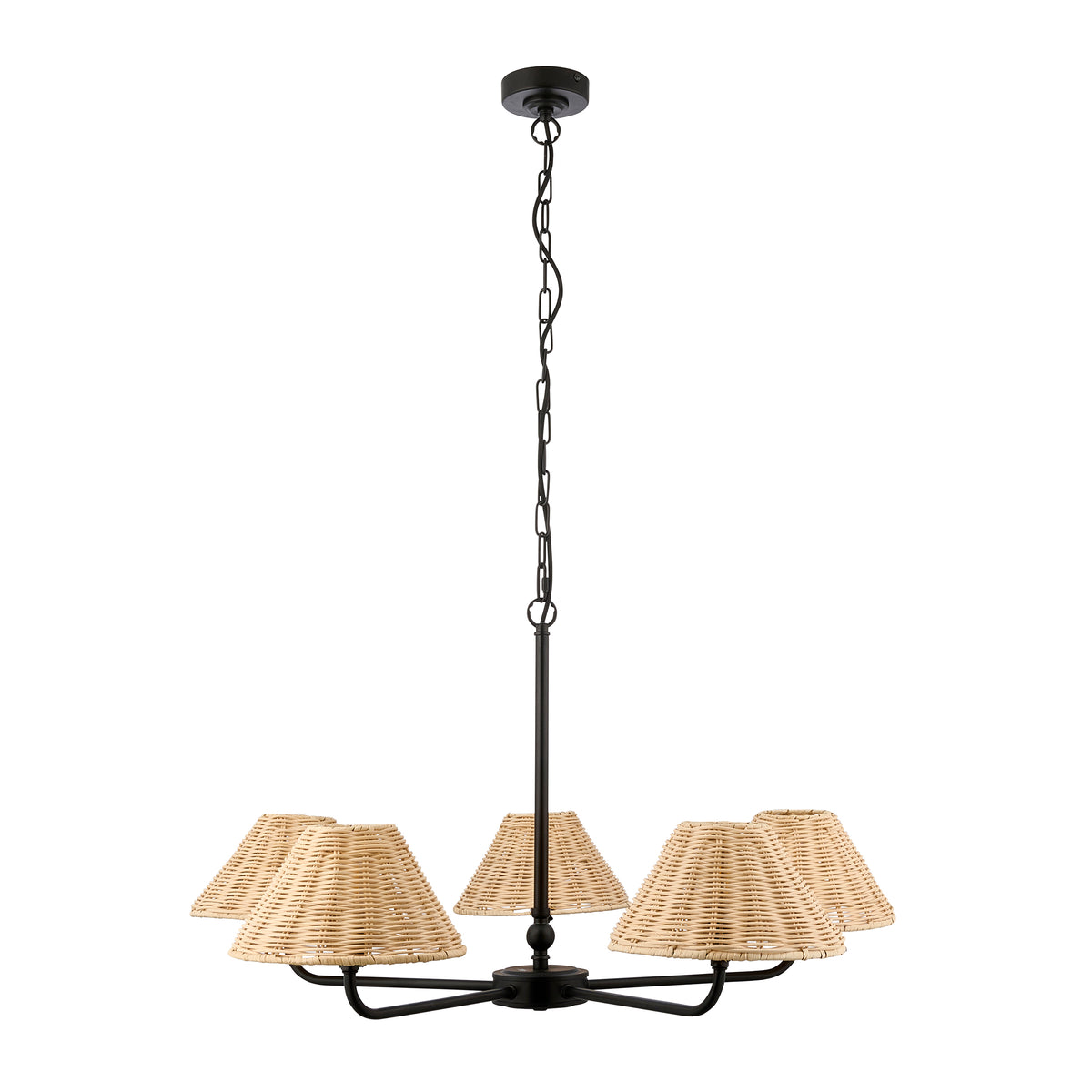 Jericho Five Light Pendant Chandelier in Matt Black with Natural Rattan Shades