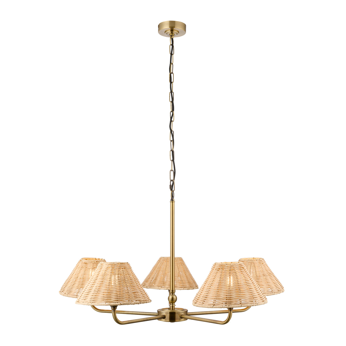 Jericho Five Light Pendant Chandelier in Antique Brass with Natural Rattan Shades