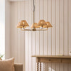 Jericho Five Light Pendant Chandelier in Antique Brass with Natural Rattan Shades