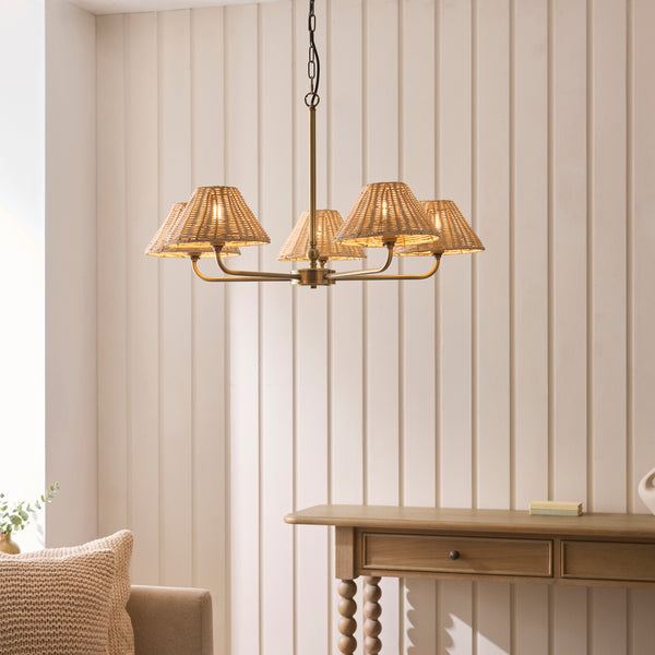 Jericho Five Light Pendant Chandelier in Antique Brass with Natural Rattan Shades