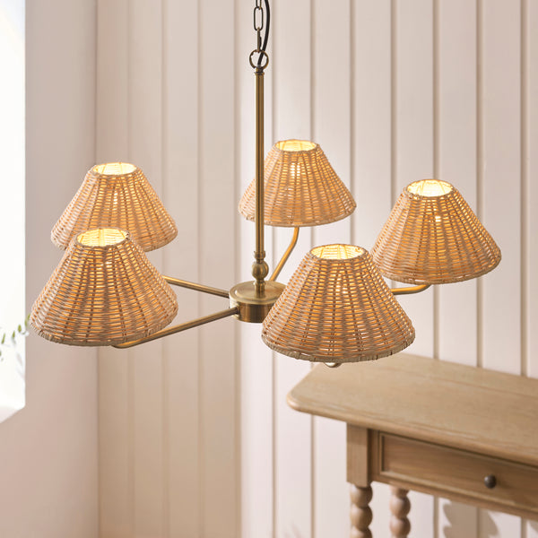 Jericho Five Light Pendant Chandelier in Antique Brass with Natural Rattan Shades