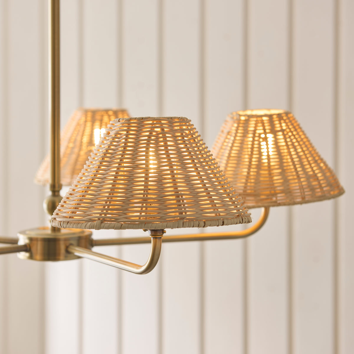 Jericho Five Light Pendant Chandelier in Antique Brass with Natural Rattan Shades