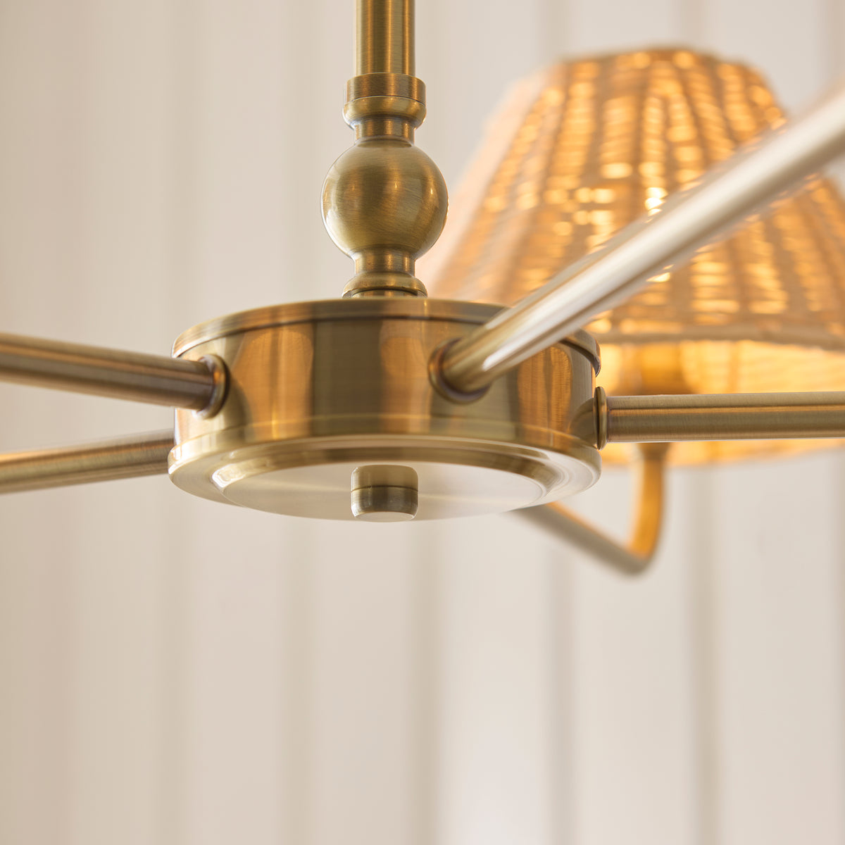 Jericho Five Light Pendant Chandelier in Antique Brass with Natural Rattan Shades