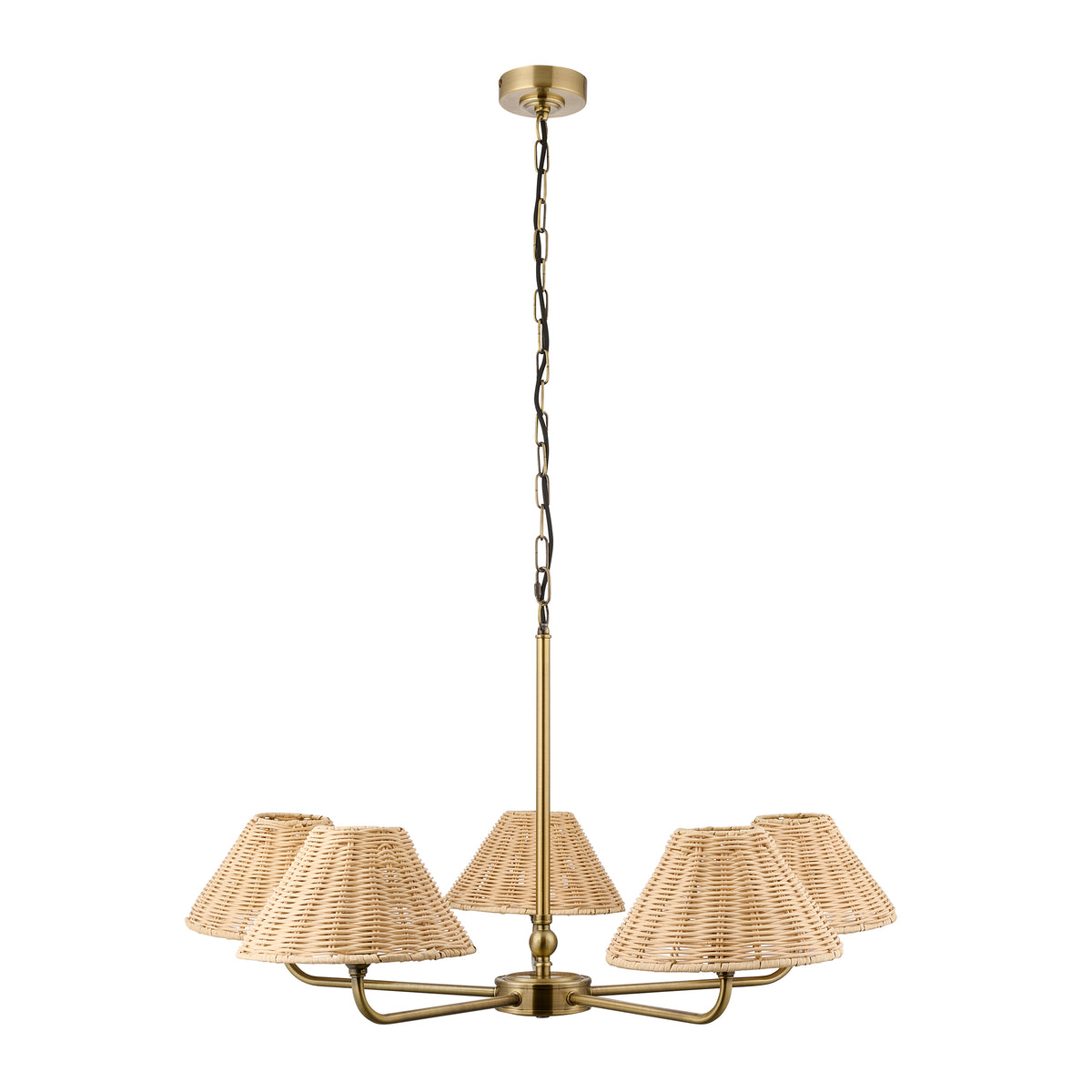 Jericho Five Light Pendant Chandelier in Antique Brass with Natural Rattan Shades