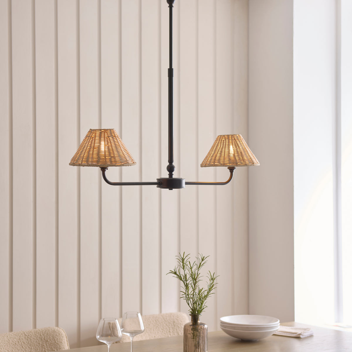 Jericho Two Light Linear Pendant in Matt Black with Natural Rattan Shades