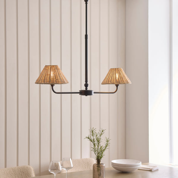 Jericho Two Light Linear Pendant in Matt Black with Natural Rattan Shades
