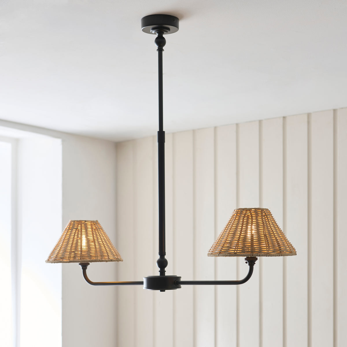 Jericho Two Light Linear Pendant in Matt Black with Natural Rattan Shades
