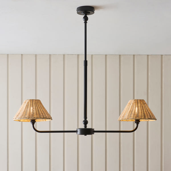 Jericho Two Light Linear Pendant in Matt Black with Natural Rattan Shades