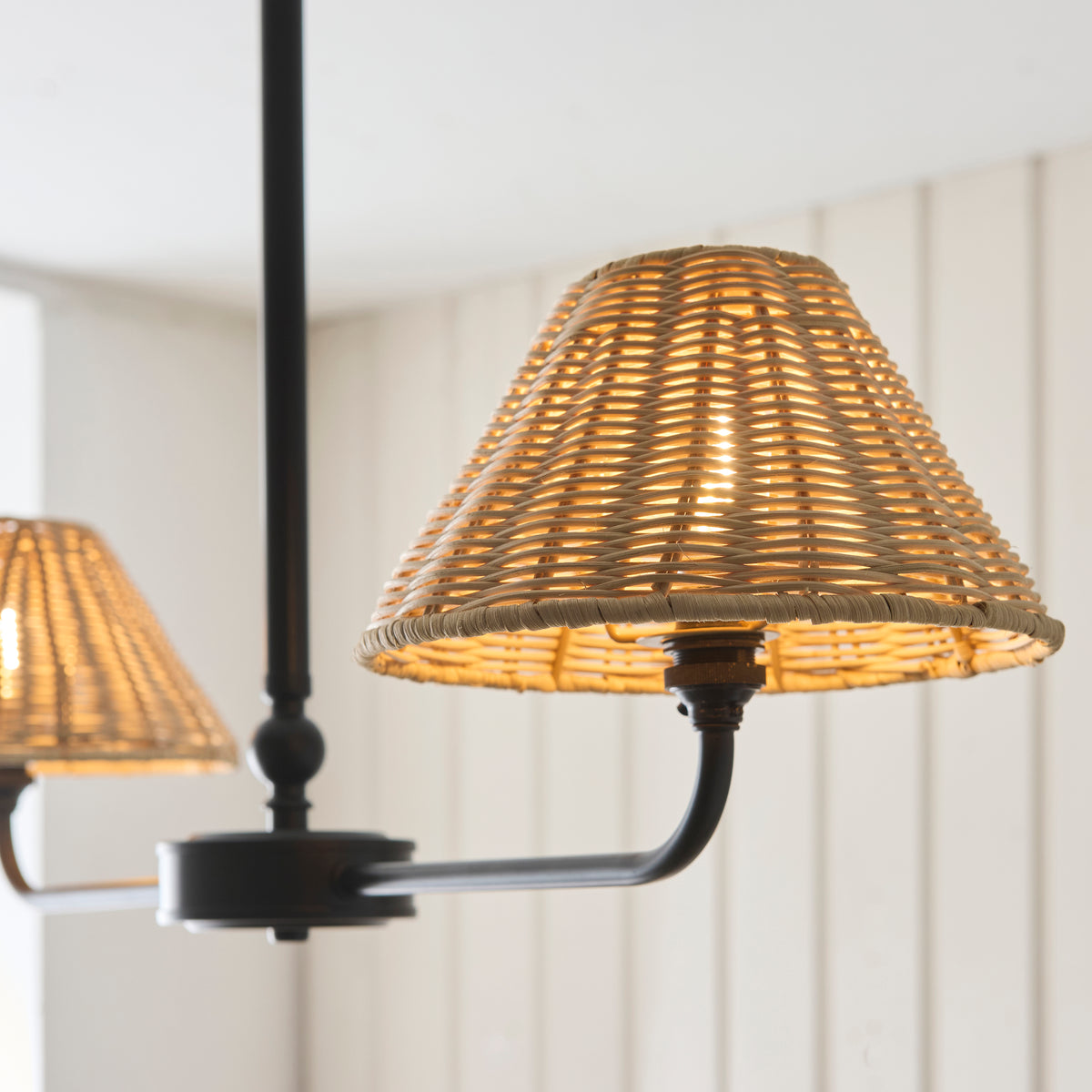 Jericho Two Light Linear Pendant in Matt Black with Natural Rattan Shades