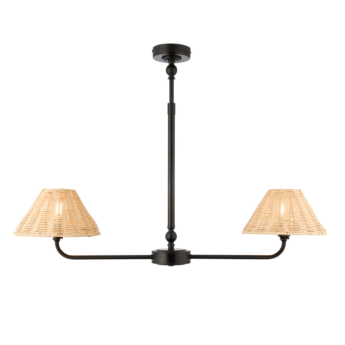 Jericho Two Light Linear Pendant in Matt Black with Natural Rattan Shades