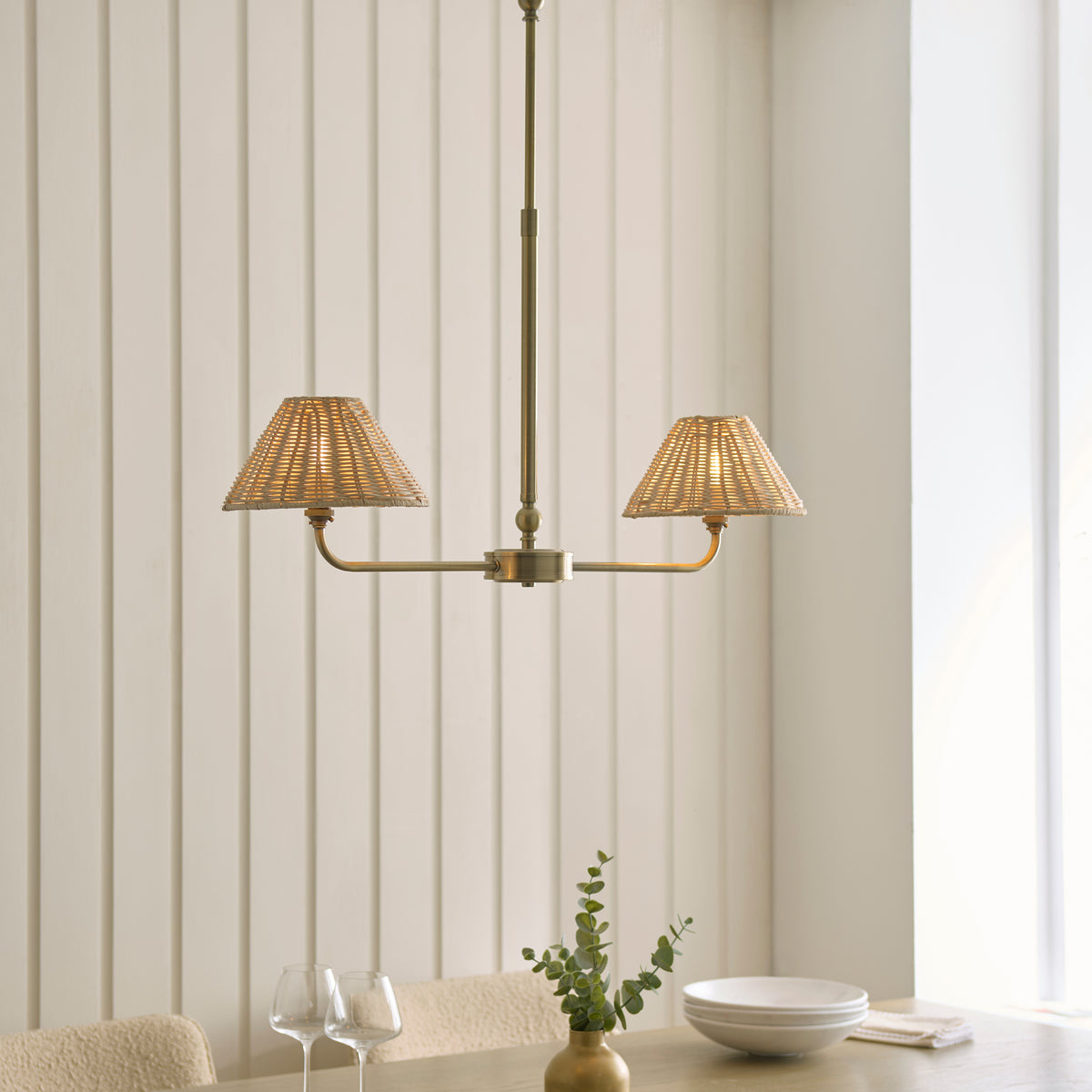 Jericho Two Light Linear Pendant in Antique Brass with Natural Rattan Shades