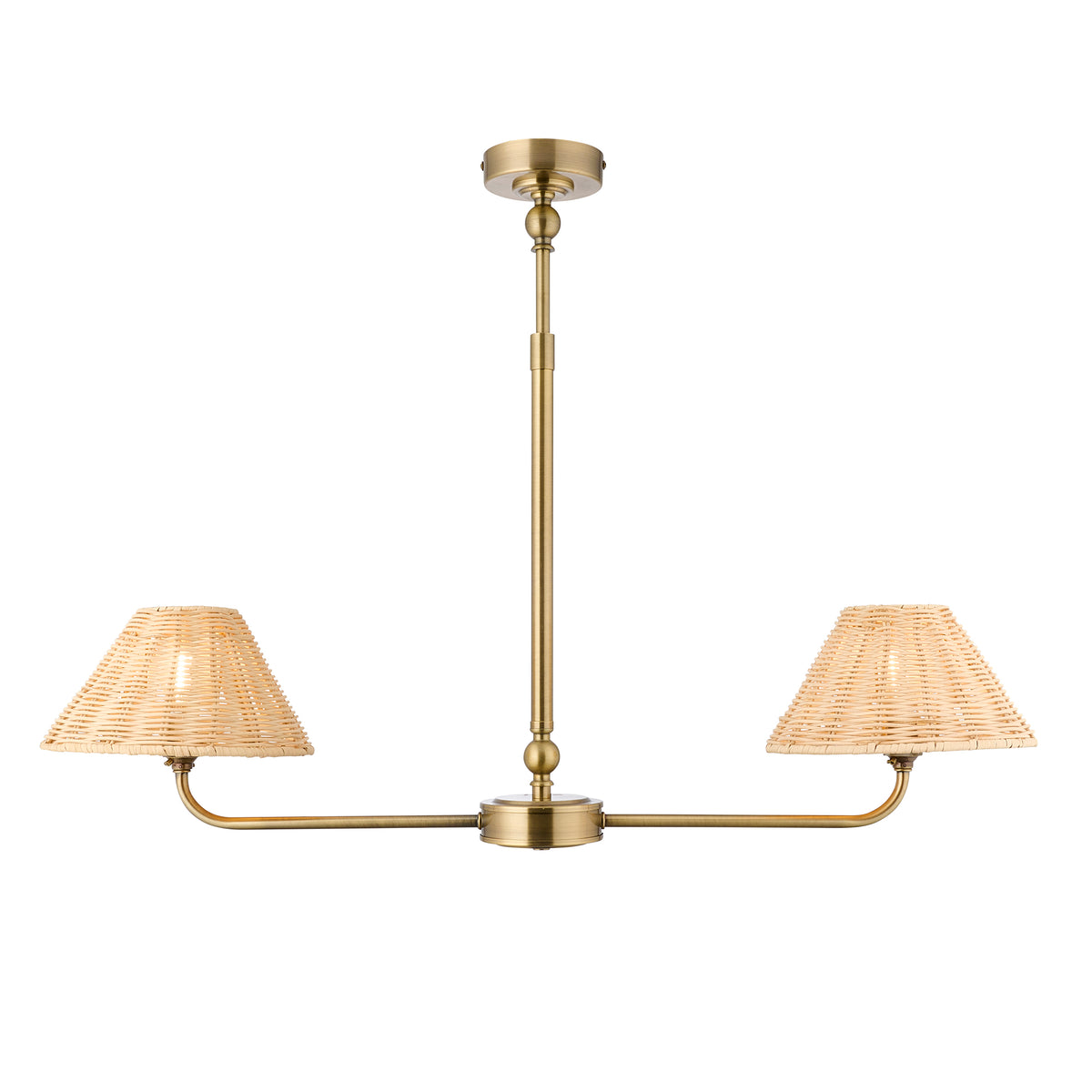 Jericho Two Light Linear Pendant in Antique Brass with Natural Rattan Shades