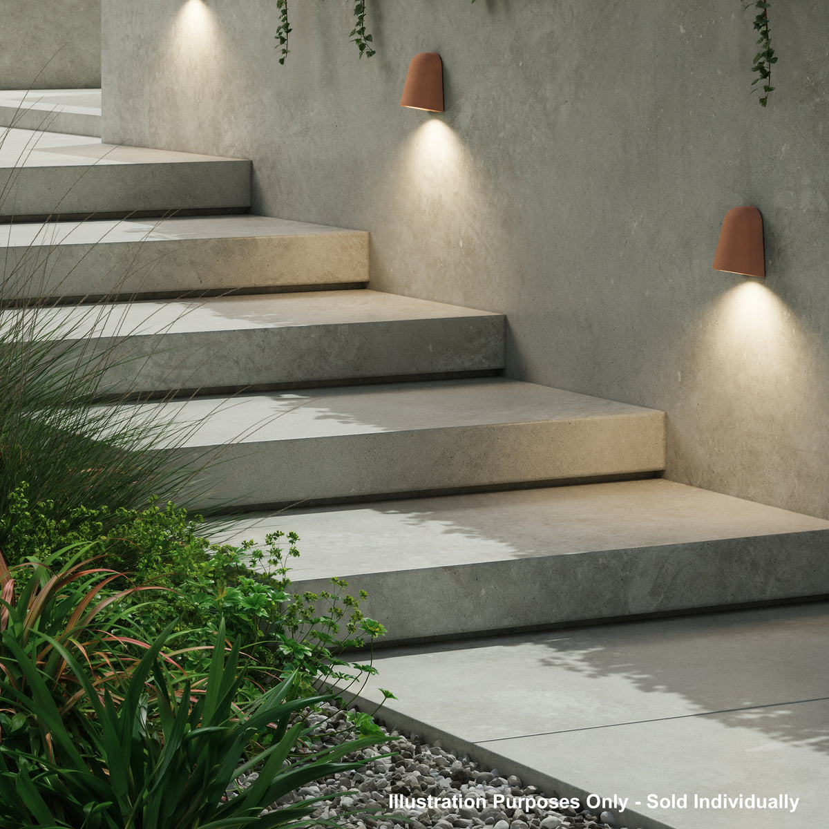 Concrete outdoor steps with two terracotta wall lights illuminating the path, surrounded by green plants