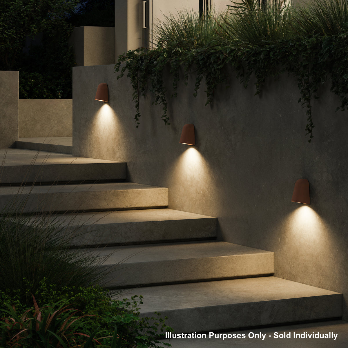 Three outdoor wall lights illuminate concrete steps and a wall with plants