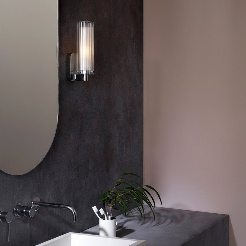 Bathroom with a wall-mounted light fixture, mirror, sink, and plant