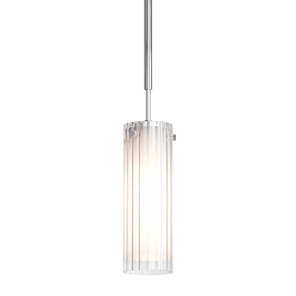 Cylindrical pendant light with ribbed glass shade and polished chrome rod