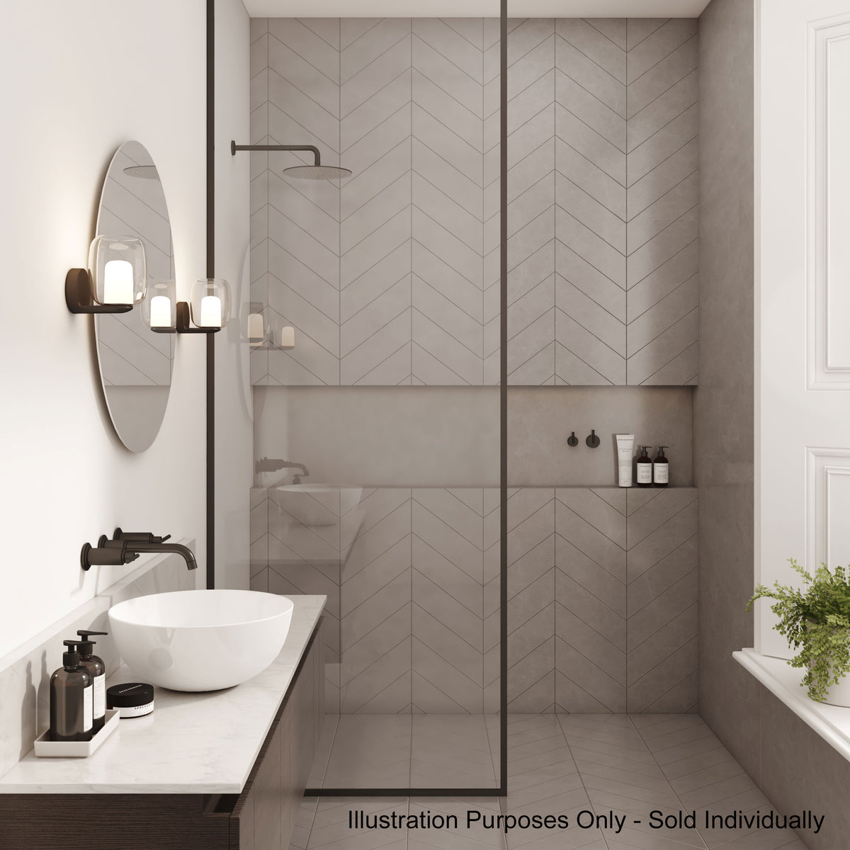 Modern bathroom with white walls, a round mirror, and two wall-mounted lights above a white sink