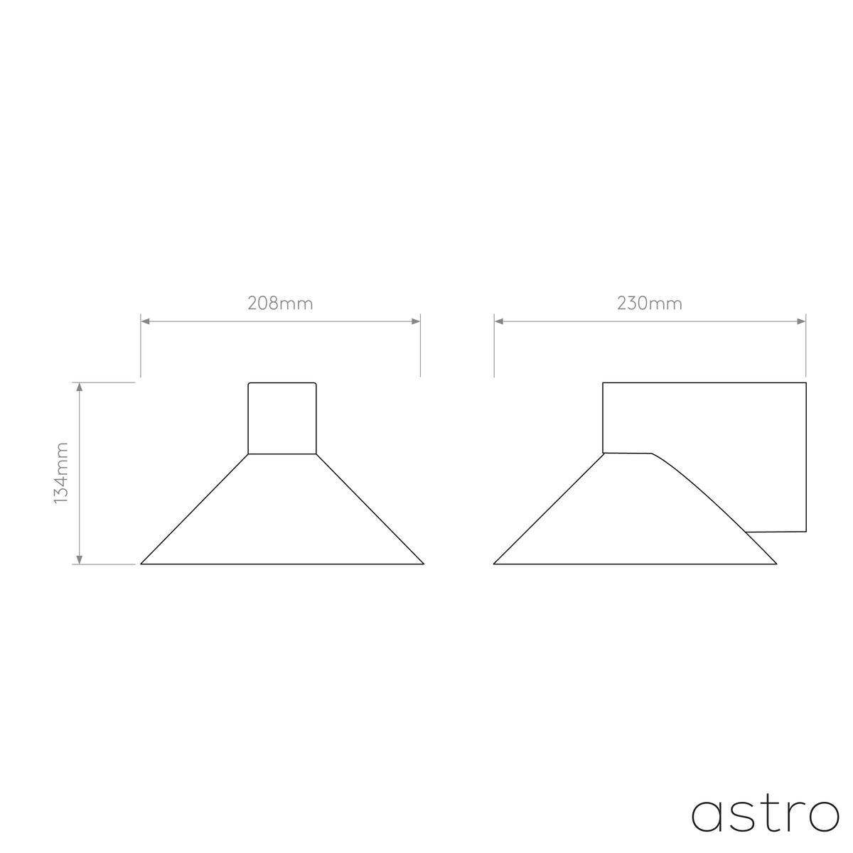 Diagram of a light fixture with dimensions 208mm, 230mm, and 134mm