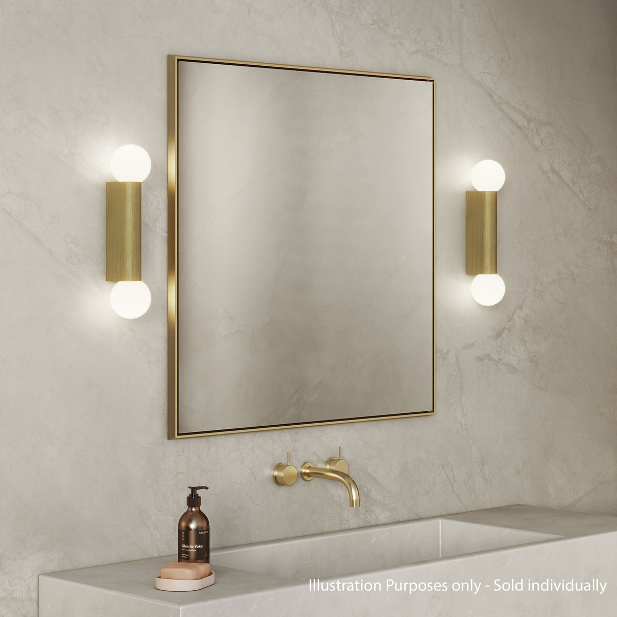 Bathroom vanity with a mirror, two wall sconces, a gold faucet, a soap dispenser, and a bar of soap
