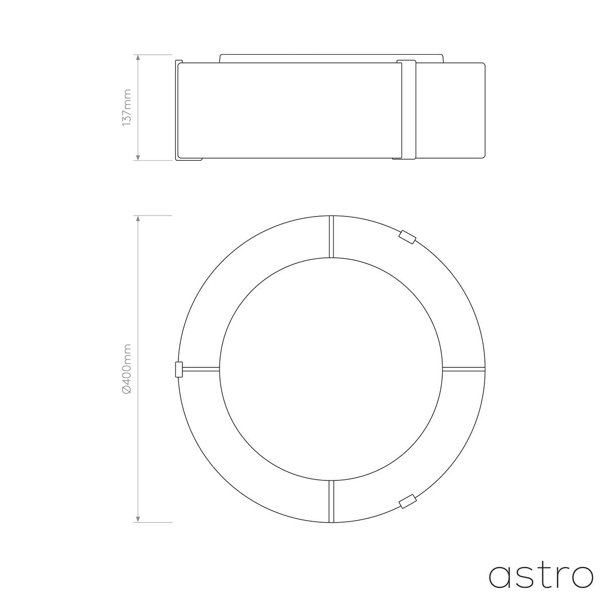 Technical drawing of a round light fixture with dimensions 137mm height and 400mm diameter