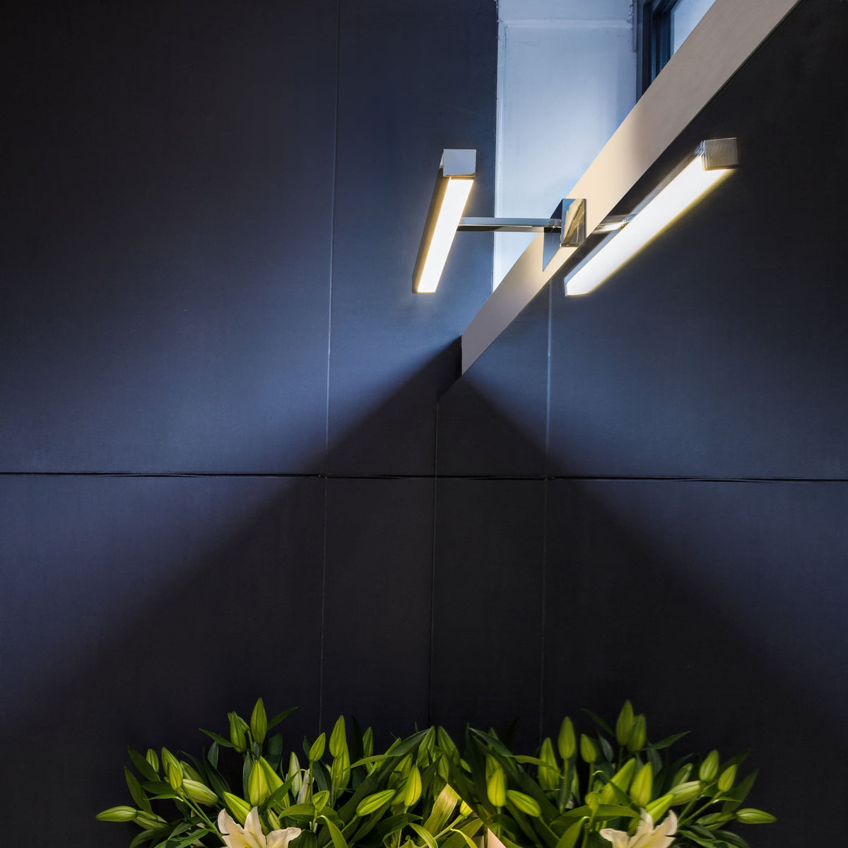 Modern wall sconce with two horizontal lights casting shadows on a dark wall above green plants