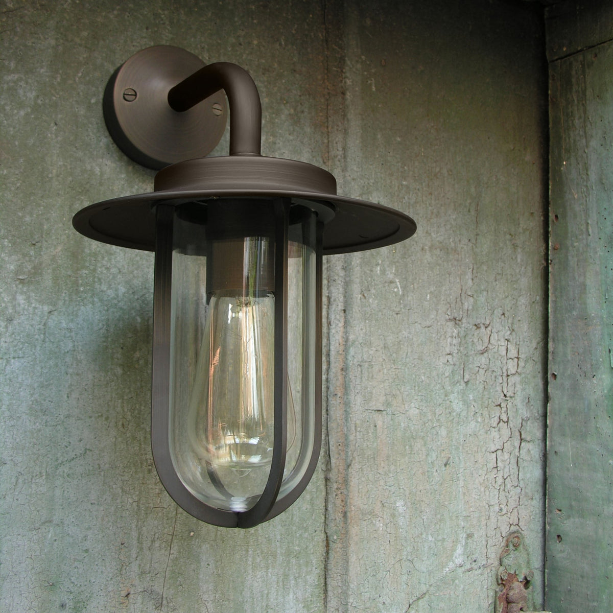 A bronze outdoor wall light with a clear glass shade and exposed filament bulb on a weathered green wall.