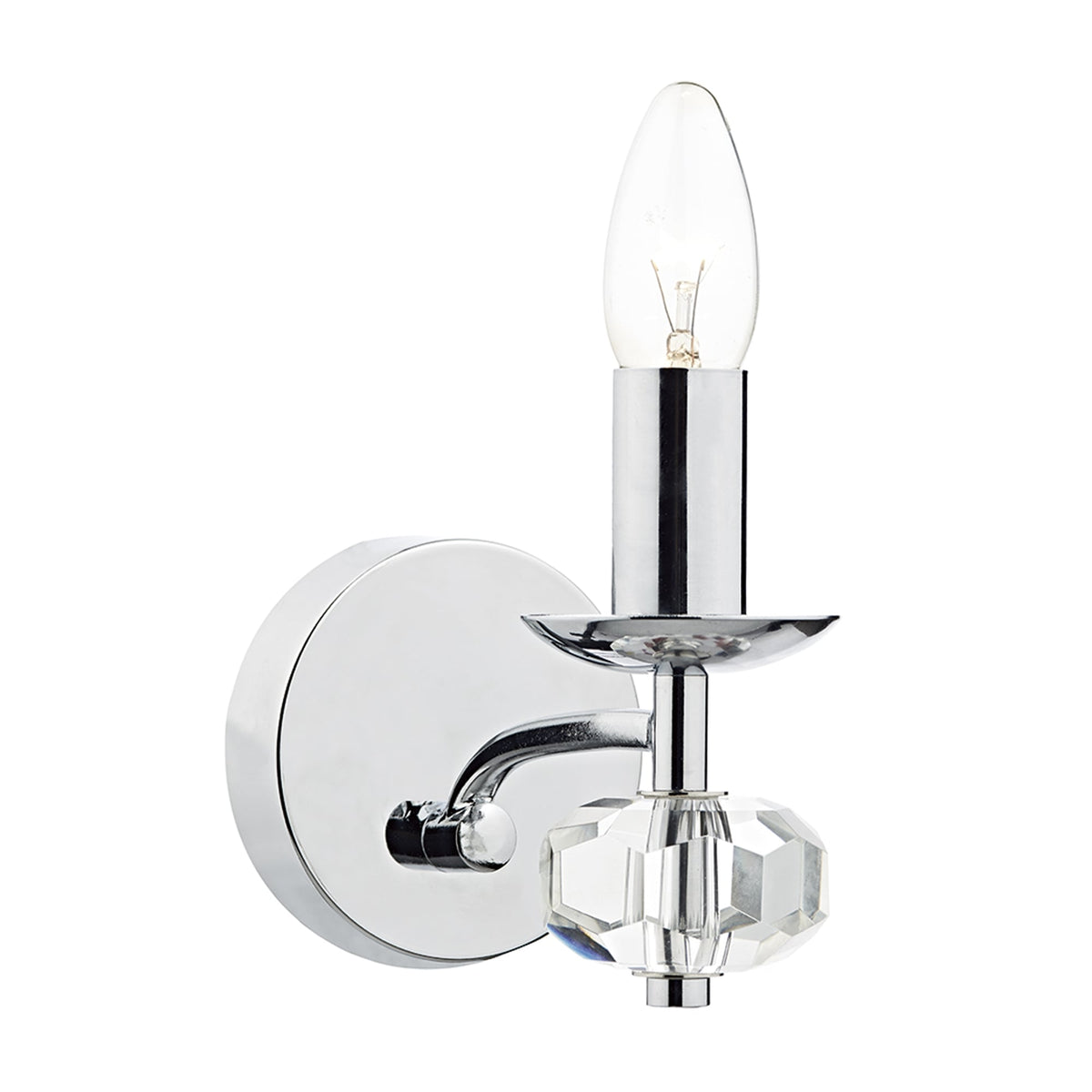 Chrome wall sconce with a clear crystal accent and a candle-shaped bulb.