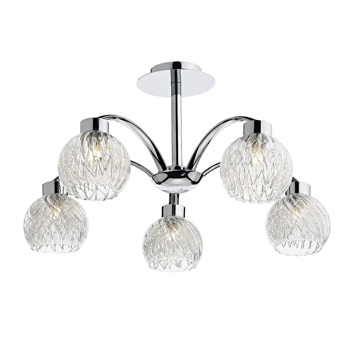 Chrome ceiling light with five clear, textured glass globe shades.