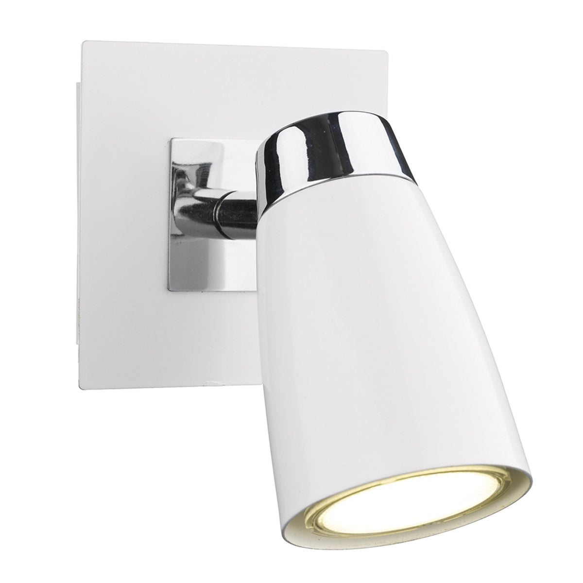 White wall-mounted spotlight with a chrome base and a warm LED light, angled downwards.