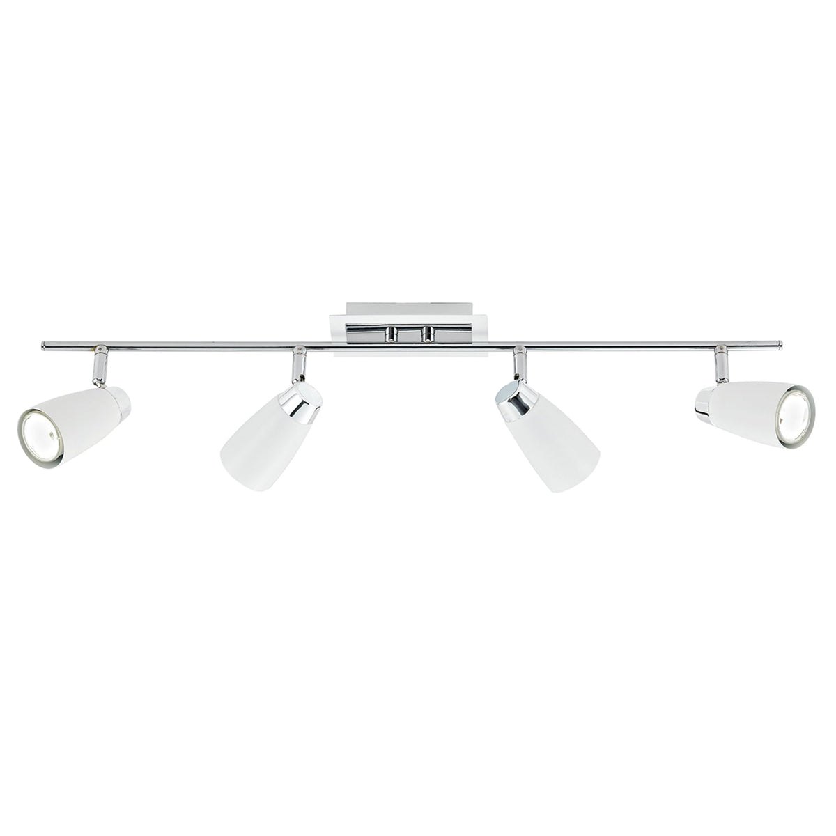 Four white and chrome track lights on a horizontal bar.