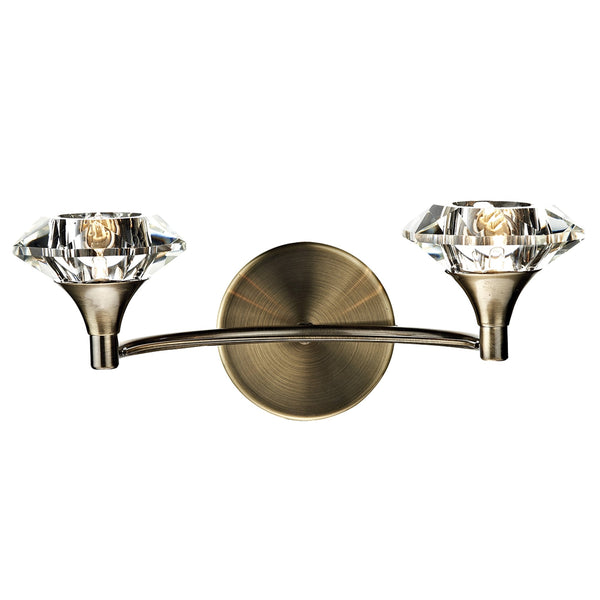 Luther Double Wall Light in Antique Brass and Crystal Glass