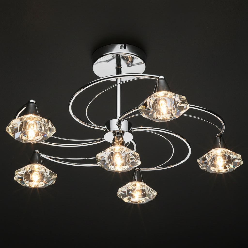 Chrome ceiling light with six clear faceted crystal shades, arranged in a swirling pattern.