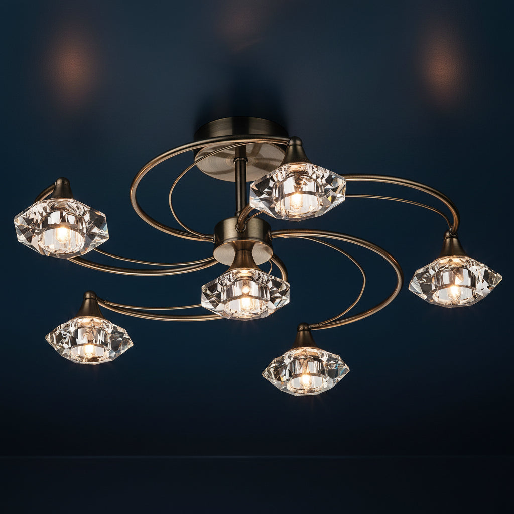 Bronze ceiling light with six crystal shades, arranged in a swirling pattern.