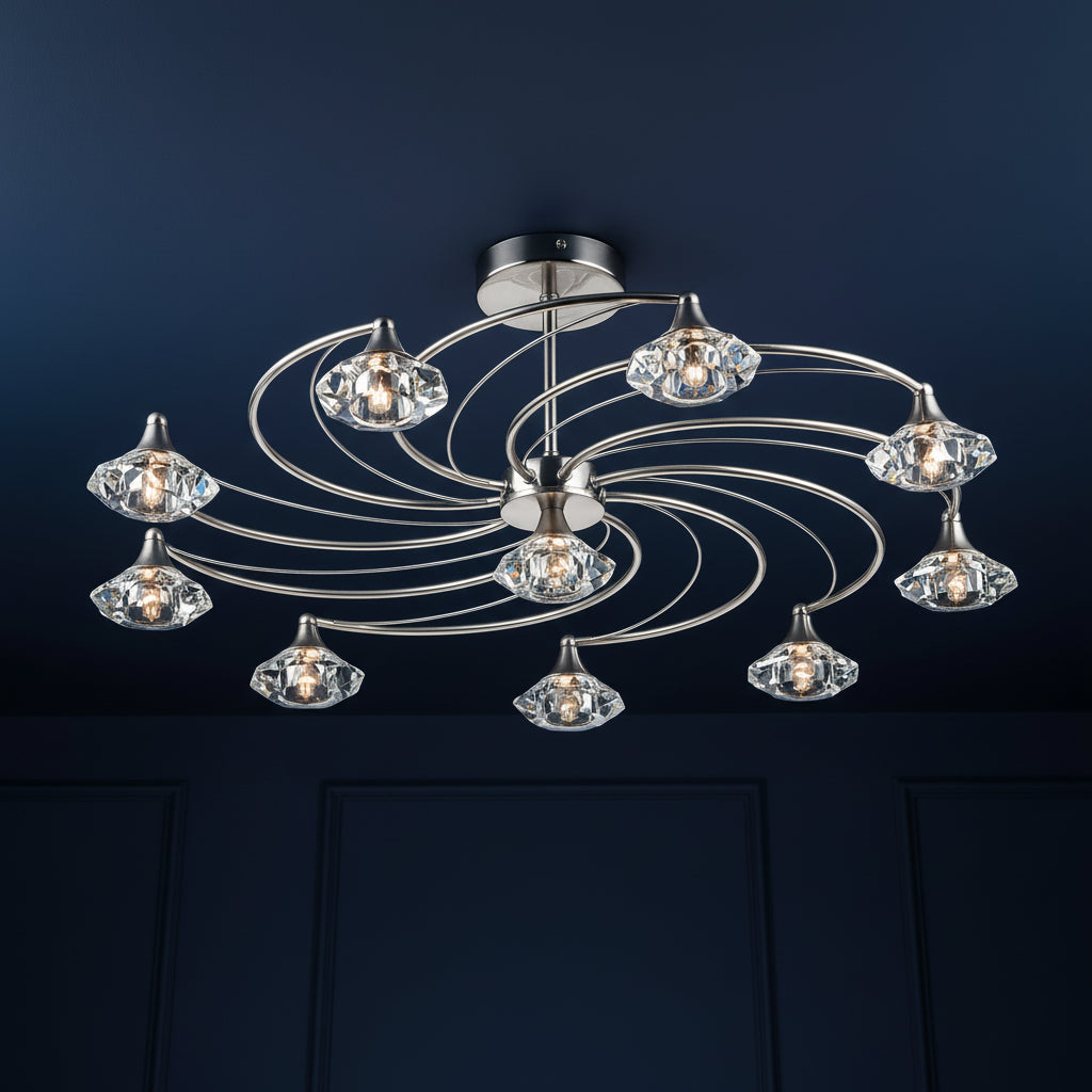 Spiral ceiling light with ten crystal shades and a polished chrome finish.