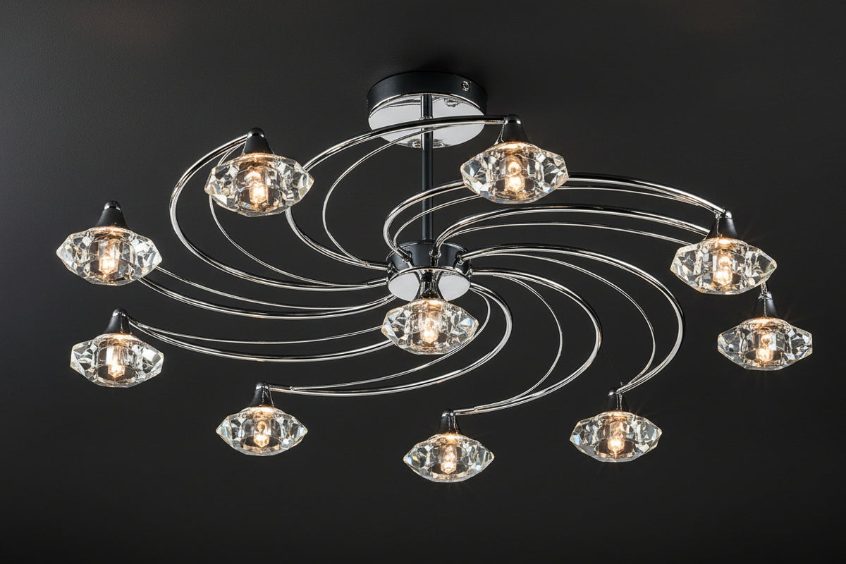Chrome ceiling light with ten crystal-shaped bulbs arranged in a spiral pattern.