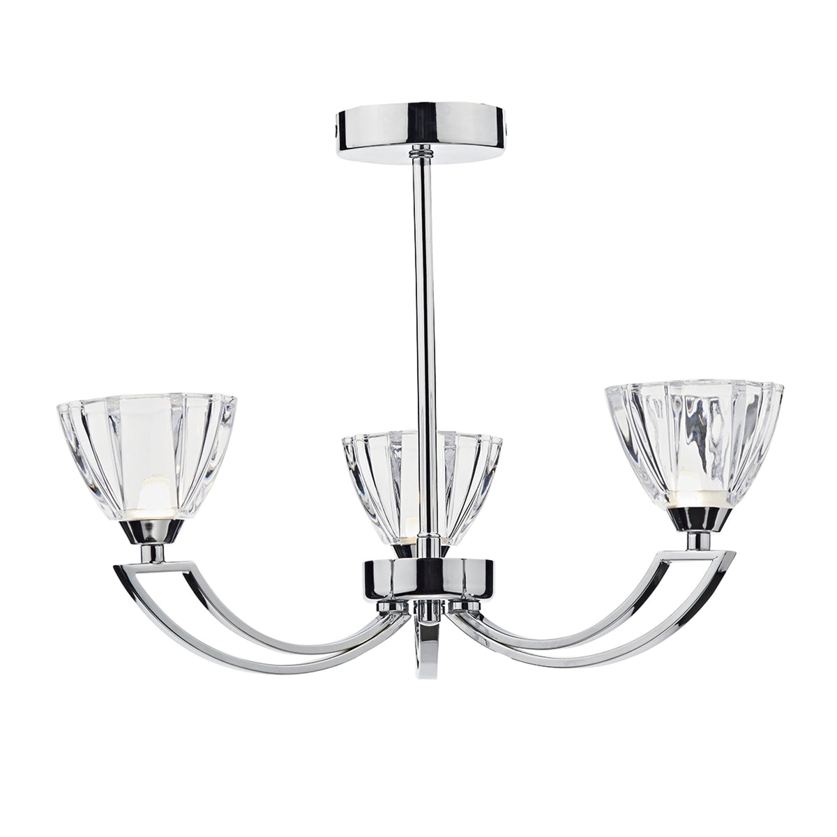 Chrome chandelier with three clear, fluted glass shades on curved arms.