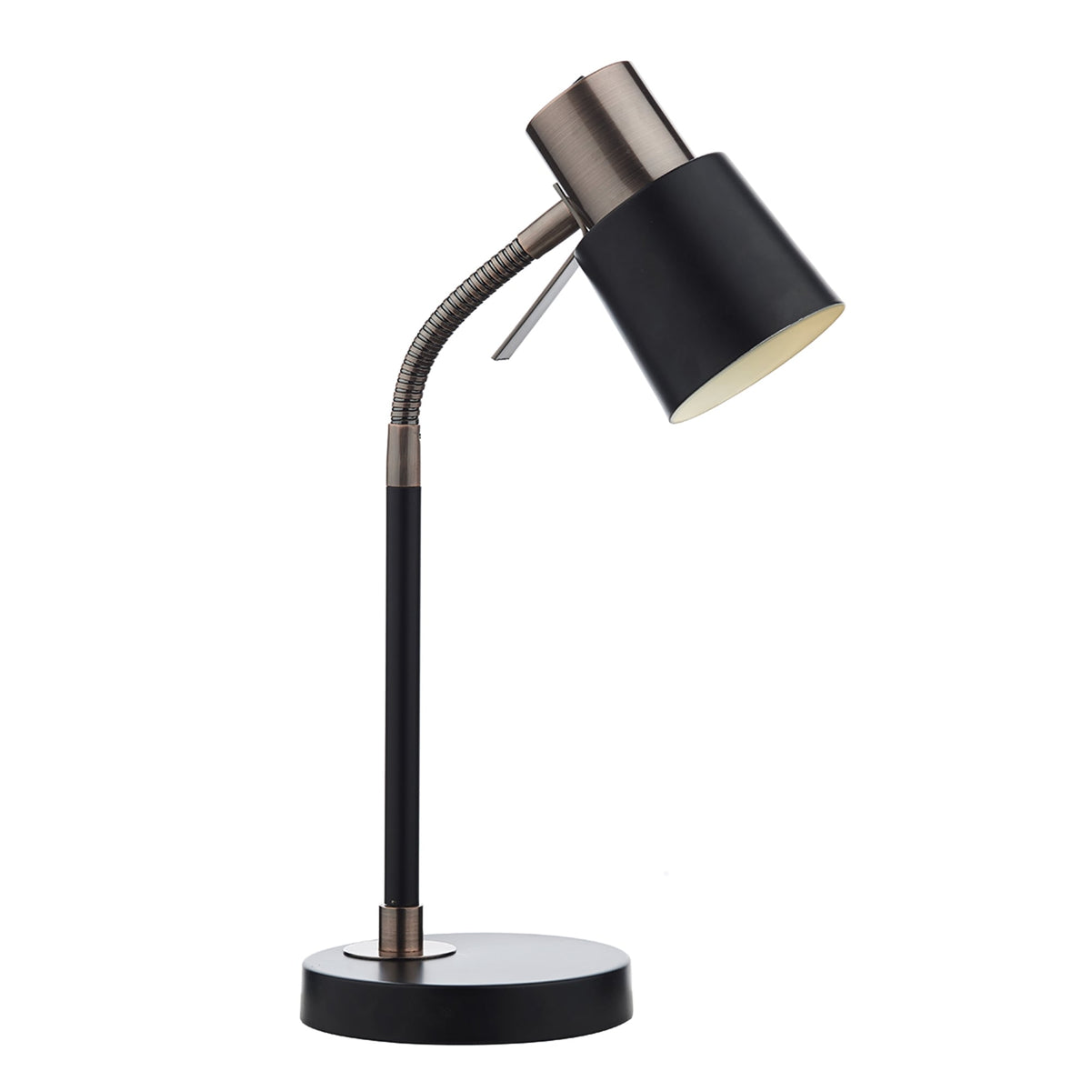 A black and antique brass desk lamp with a flexible neck and adjustable head, for targeted lighting.