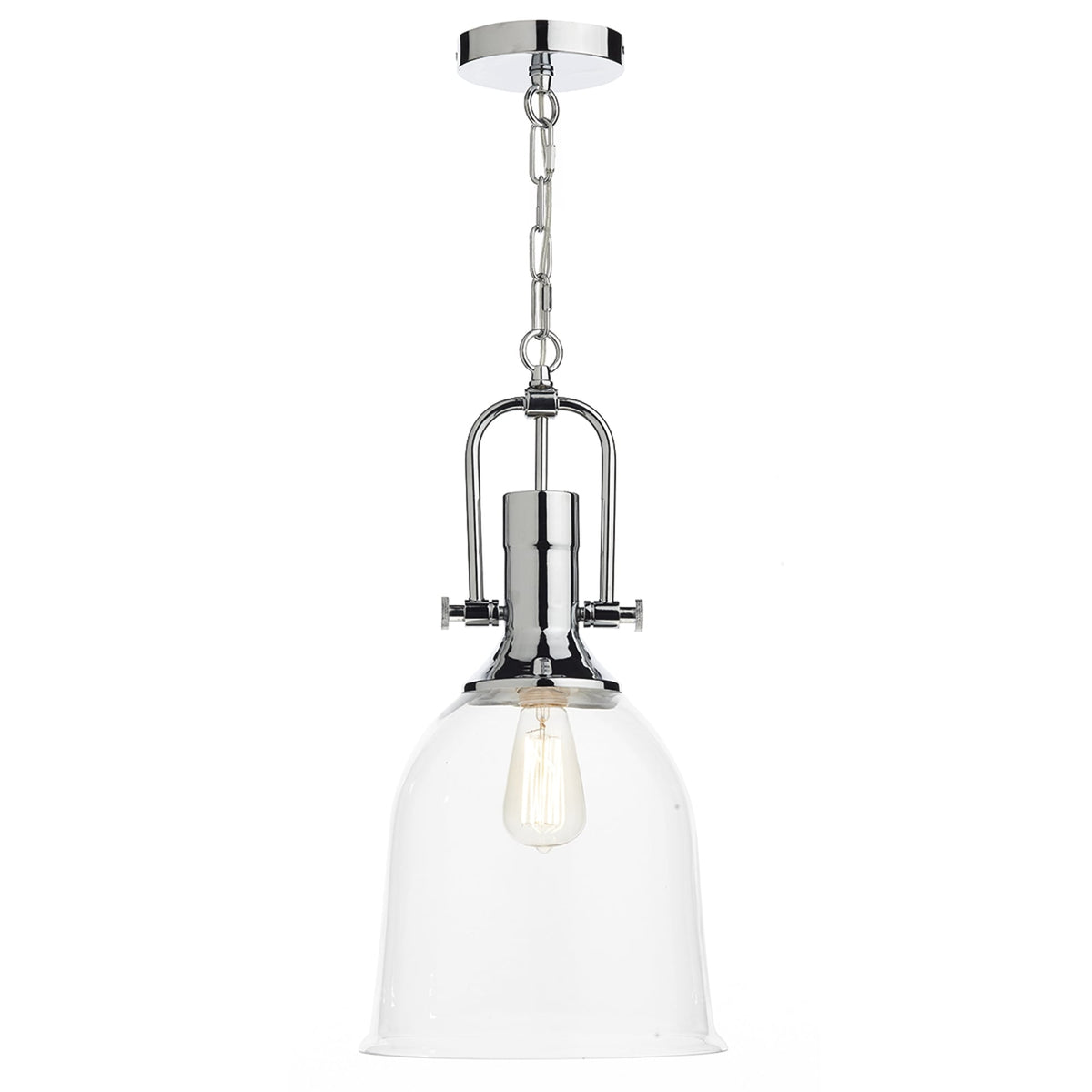 A shiny chrome pendant light with a clear glass bell-shaped shade and exposed bulb.