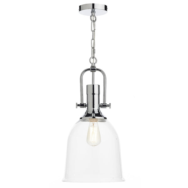 A shiny chrome pendant light with a clear glass bell-shaped shade and exposed bulb.
