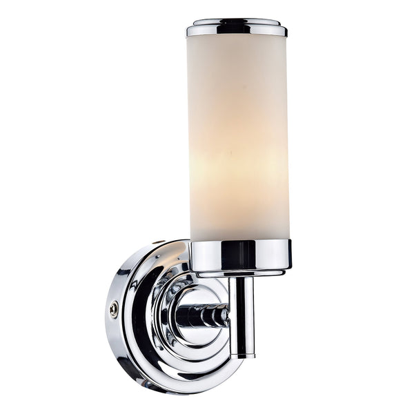 A single chrome and frosted glass wall light.